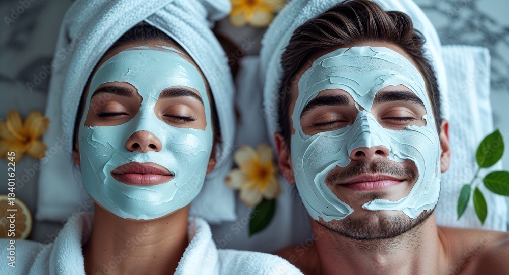 Young couple enjoying a spa day with face masks and relaxation Young couple enjoying a spa day with face masks and relaxation