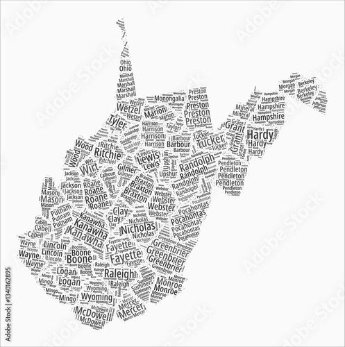 West Virginia Text Style Counties. State region names word clouds in the English language. Modern vector illustration.