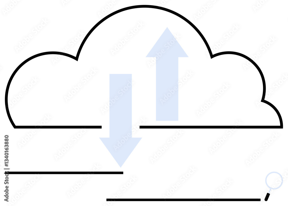 Cloud outline with upward and downward arrows representing data exchange, magnifying glass for search or analysis. Ideal for technology, storage, transfer, internet, cloud computing, analysis Cloud outline with upward and downward arrows representing data exchange, magnifying glass for search or analysis. Ideal for technology, storage, transfer, internet, cloud computing, analysis