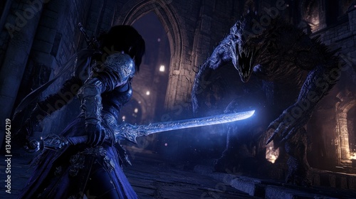 Dark fantasy warrior confronts monstrous creature in gothic cathedral