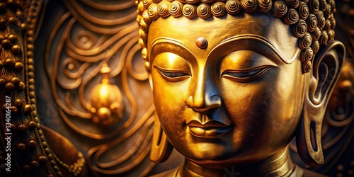 Golden Buddha Face Close-Up, Low Light, Intricate Detail, Spiritual, Peaceful