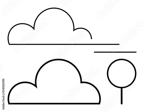 Minimal cloud shapes and tree outline with horizontal lines. Ideal for nature, simplicity, sustainability, weather, outdoors, minimalism, environmental design. Modern flat simple metaphor