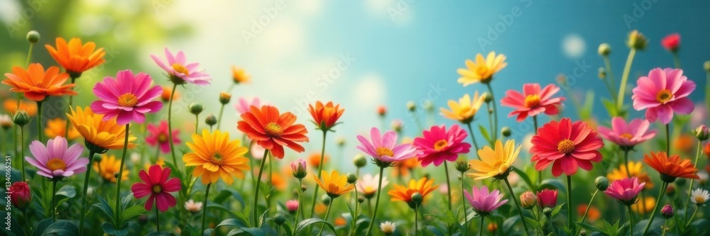 Vibrant blooms of various colorful flowers swaying in the gentle breeze, sun, field Vibrant blooms of various colorful flowers swaying in the gentle breeze, sun, field