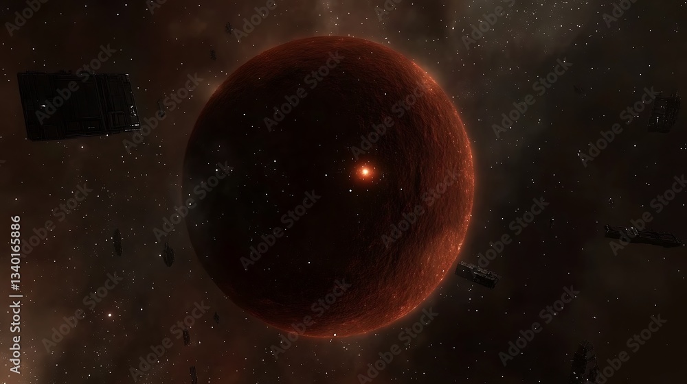 Obraz premium A massive red planet is surrounded by space vessels and stars