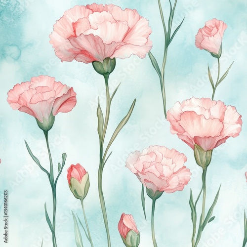 Delicate pink carnations on a light teal background