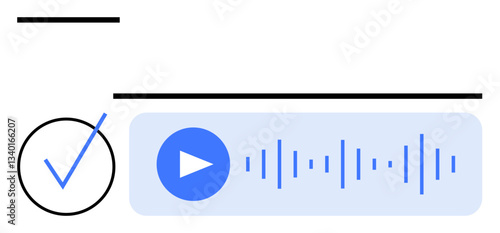 Audio message with waveform, blue play button, and checkmark for confirmation or task completion. Ideal for audio communication, task management, UI design, messaging, voice notes, transcription