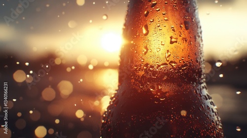 Fototapeta Naklejka Na Ścianę i Meble -  Close up of a wet beer bottle with a sunset background