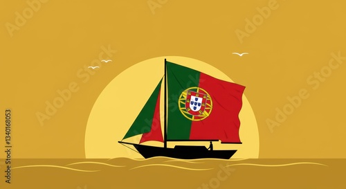 Sailboat with portuguese flag at sunset on golden sea
