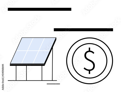 Solar panel beside a bold dollar sign emphasizes renewable energy benefits, economic savings, and environmental responsibility. Ideal for sustainability, energy finance, eco-friendliness, investment