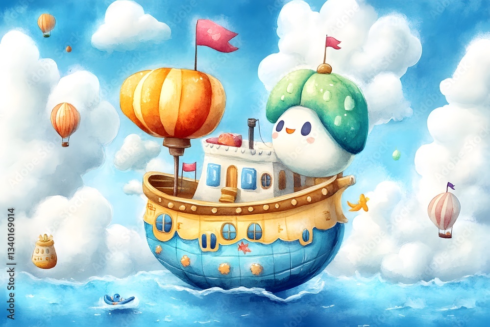 Obraz premium Whimsical Mushroom Ship Sailing on a Cloud Sea with Hot Air Balloons
