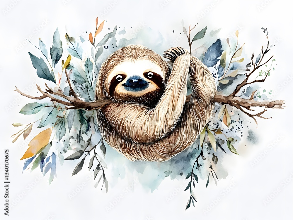 Fototapeta premium Watercolor Sloth Hanging on Branch with Leaves