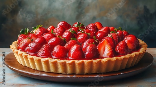 Fresh strawberry pie looks delicious on a wooden plate on the table ready to serve.
