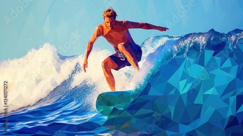 Surfer riding wave, ocean, low poly style