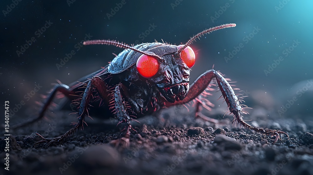 Fototapeta premium Radioactive cockroach glowing under blacklight its eerie red eyes reflecting a terrifying otherworldly glow Surreal sci fi horror photography style with copy space