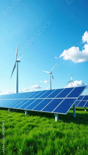 Solar panels and wind turbines in a green energy power station with a blue sky background, electricity, renewable energy