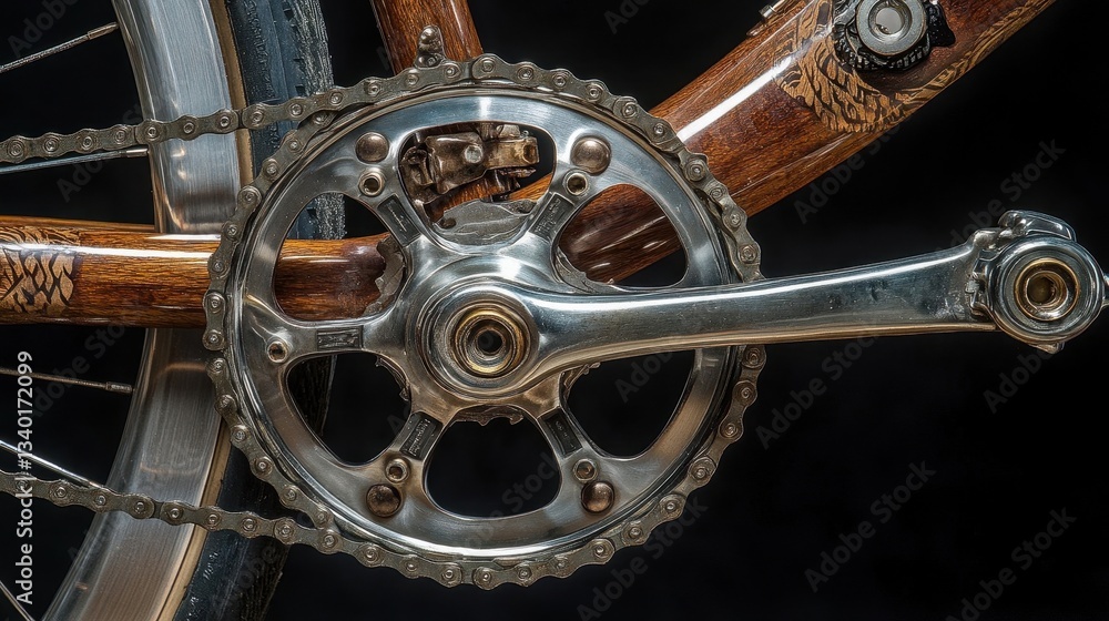 Fototapeta premium Detailed closeup of a bicycle chainset and wooden frame component