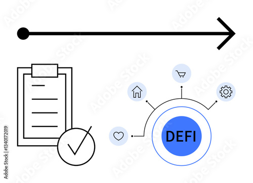 Minimalist design with checklist, checkmark, bold arrow, DeFi label, and icons for home, shopping, settings, heart. Ideal for finance blockchain goals planning progress strategy abstract line