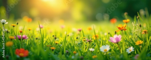 Soft sunlight illuminates a sea of green grass and colorful wildflowers in a serene natural setting, landscapes, meadows, wildflowers