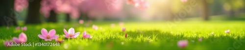 Soft pink sakura petals gently falling on a serene green grass, spring season, soft, blossom
