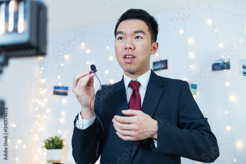 An interviewee clipping on a lavalier microphone in a studio