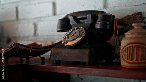 An antique telephone with a mechanical rotating keypad sits on a wooden table
