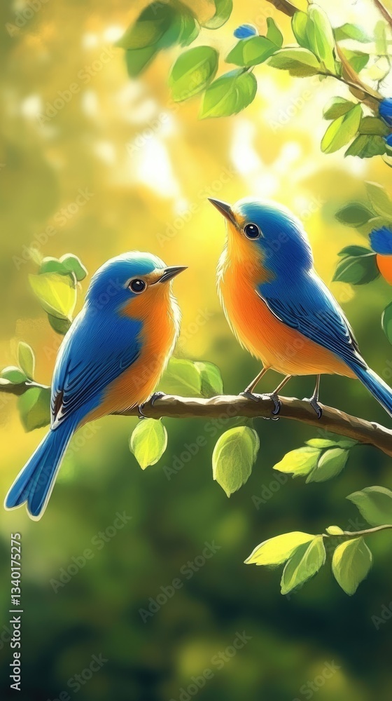 Obraz premium Two Bluebirds Perched on a Branch in a Sunny Forest