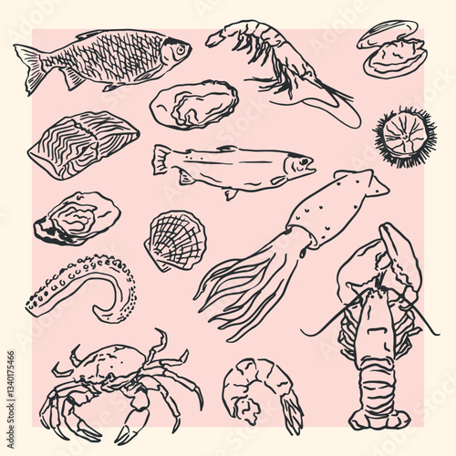 doodle style illustration of seafood