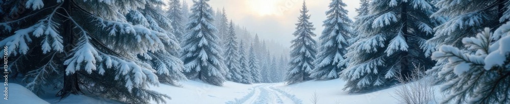 Snowy evergreen forest with bare Christmas tree branches , snowy forest, winter wonderland Snowy evergreen forest with bare Christmas tree branches , snowy forest, winter wonderland