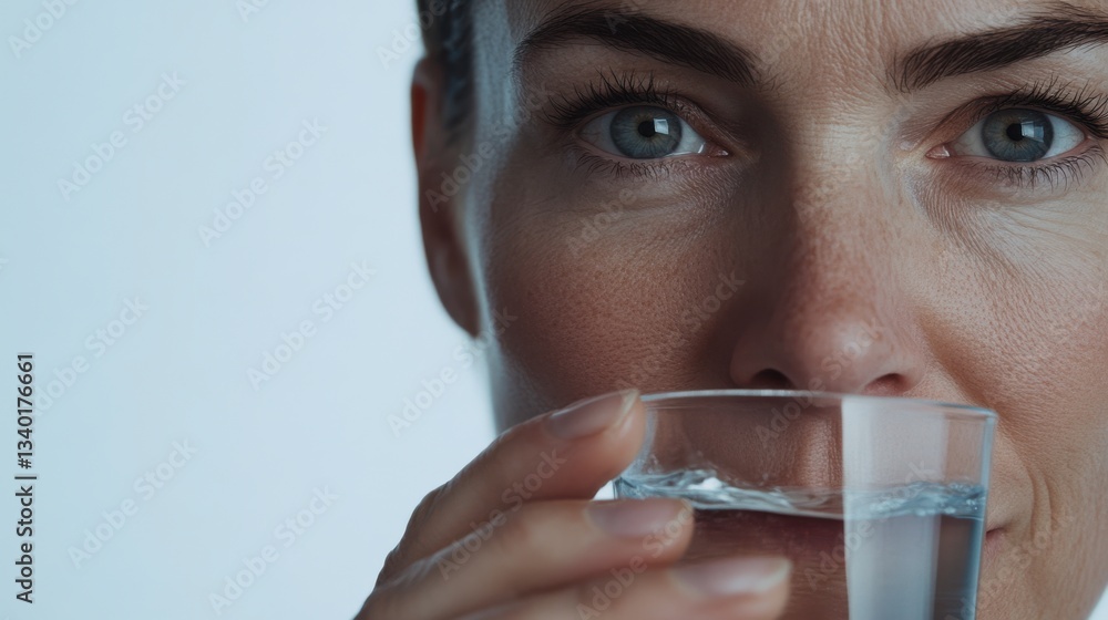 Close-up of a person drinking water from a transparent glass Close-up of a person drinking water from a transparent glass
