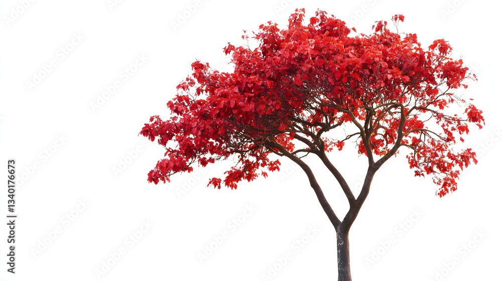 Vibrant red maple tree stands against a stark white background