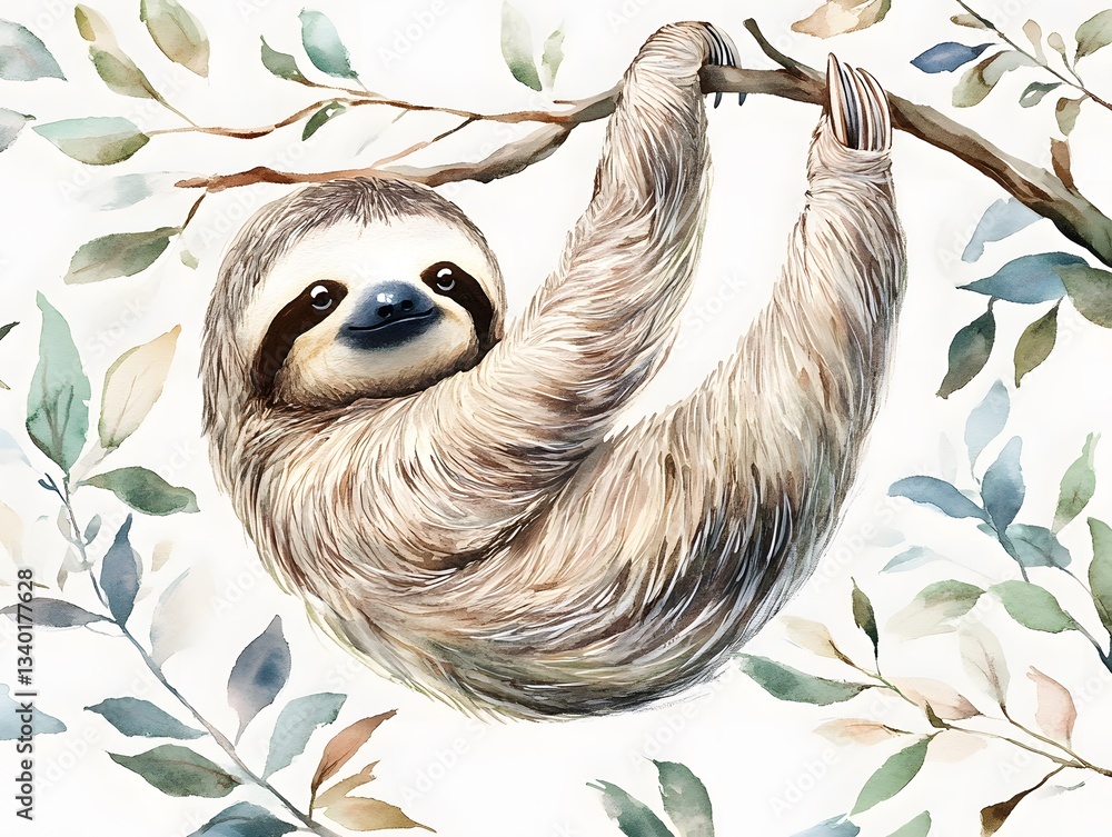 Fototapeta premium Adorable Sloth Hanging on Branch Watercolor Painting