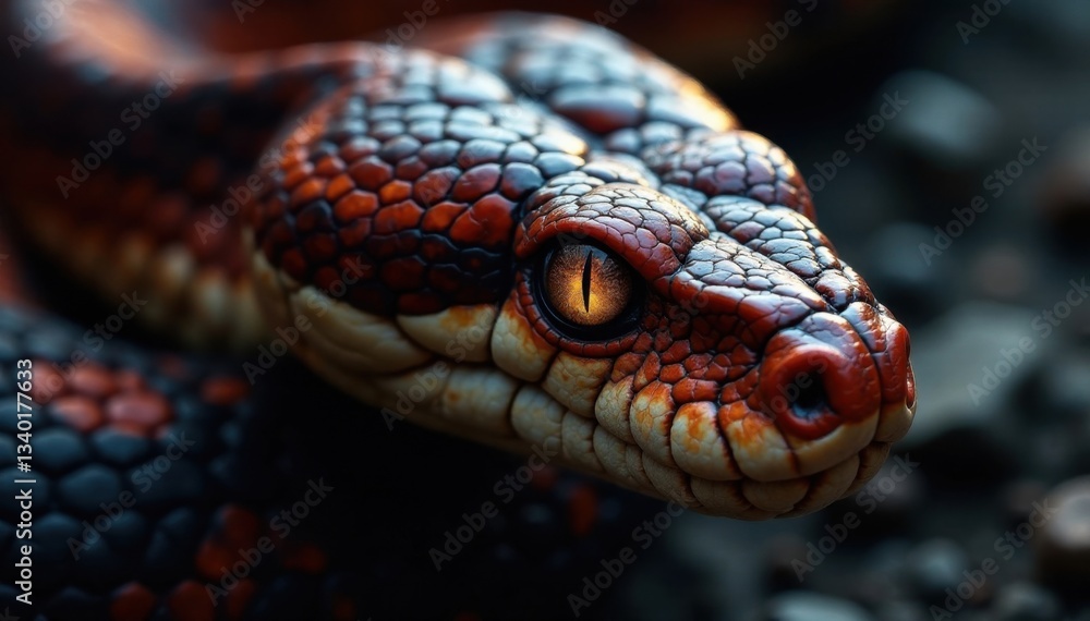 Snake's head with piercing gaze through narrow slit eyes, closeup, wildlife Snake's head with piercing gaze through narrow slit eyes, closeup, wildlife
