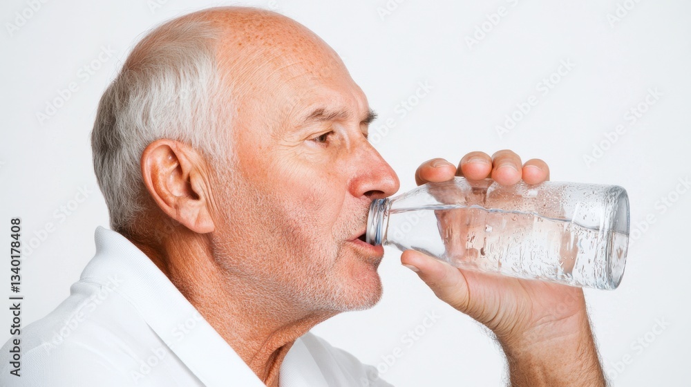 Senior man with white hair drinking water from a clear glass Senior man with white hair drinking water from a clear glass