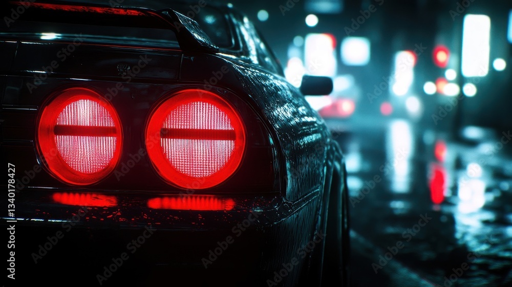 A dark car with glowing rear lights in a city street A dark car with glowing rear lights in a city street