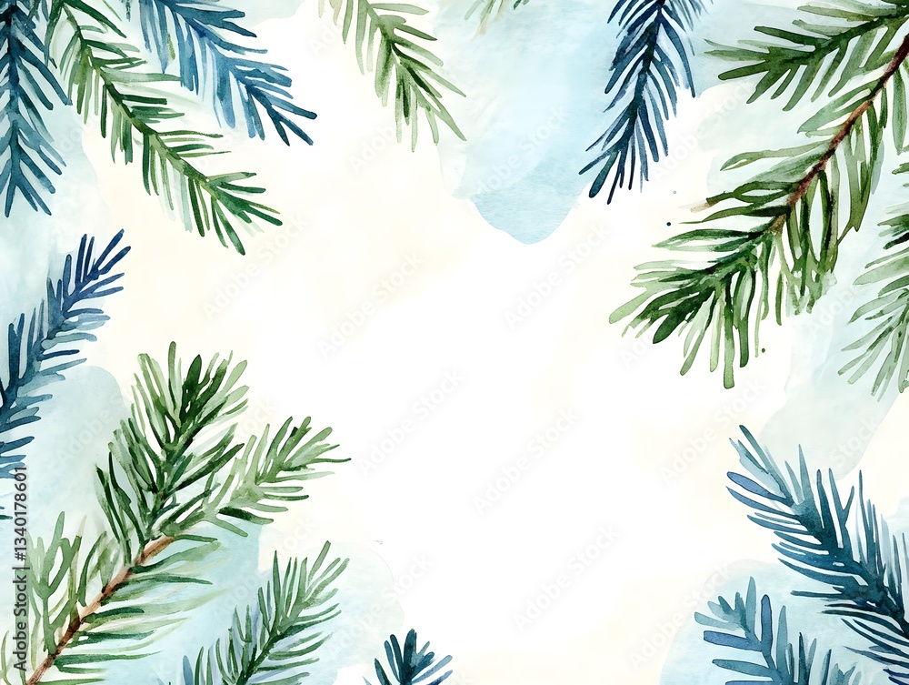 Watercolor Pine Branches Frame Winter Holiday Design Green Blue Watercolor Pine Branches Frame Winter Holiday Design Green Blue