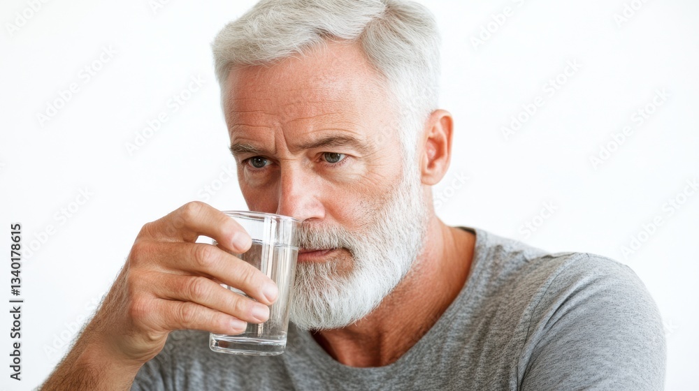 Senior man with white beard and mustache drinking water from a clear glass Senior man with white beard and mustache drinking water from a clear glass