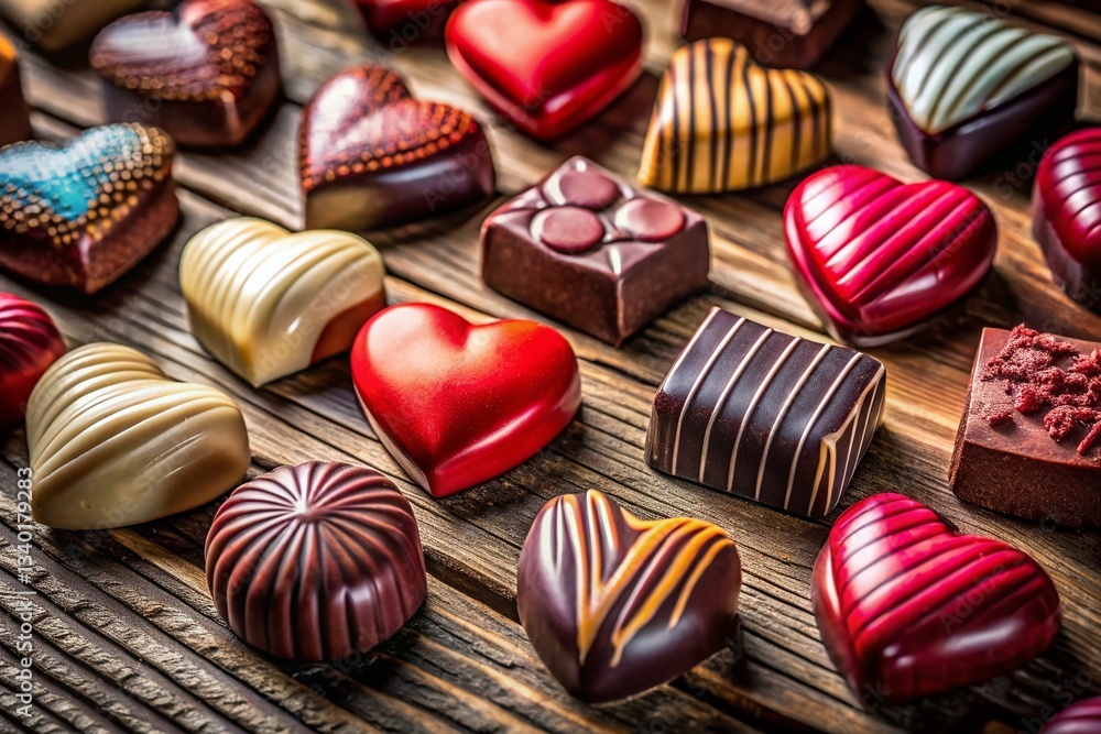 Obraz premium Gourmet Heart-Shaped Chocolates Close-up on Rustic Wood