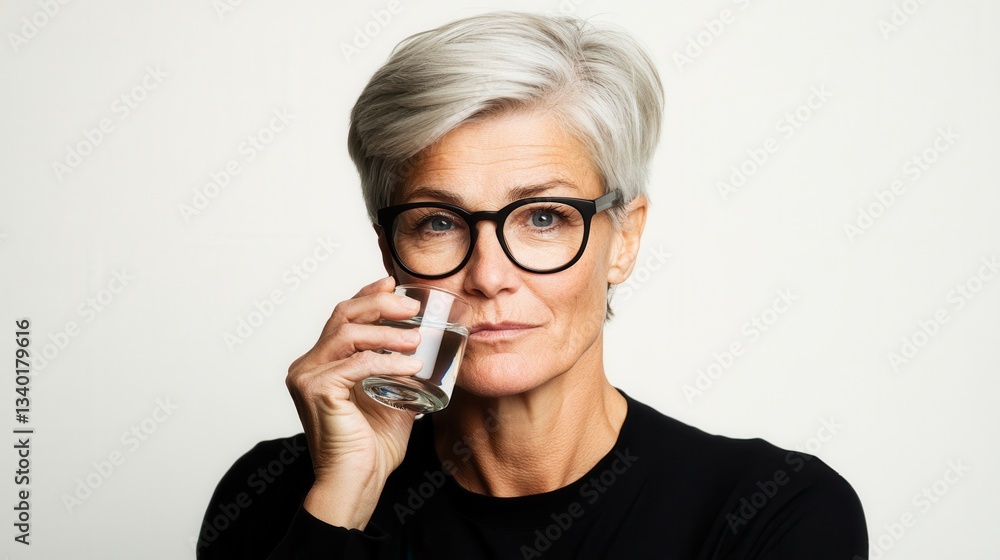 Woman with short gray hair and black-rimmed glasses holding a clear glass Woman with short gray hair and black-rimmed glasses holding a clear glass