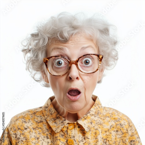 Shocked Elderly Woman with Glasses – Unbelievable Expression on White Background