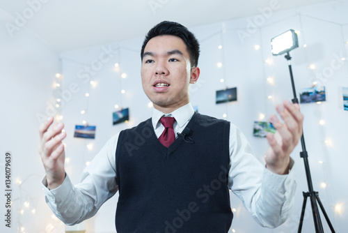 A young man gesturing during a recorded interview in a studio