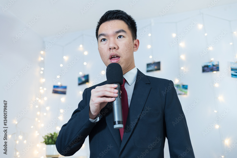 A young man takling during a recorded interview in a studio A young man takling during a recorded interview in a studio