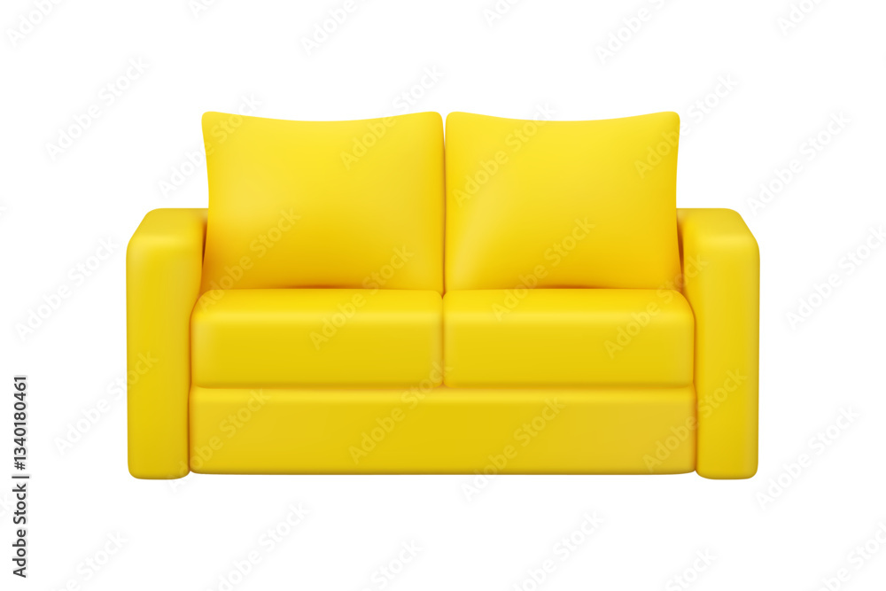 Yellow sofa vector 3d icon. Cartoon couch with pillows, modern interior render. Furniture front view illustration isolated on white background Yellow sofa vector 3d icon. Cartoon couch with pillows, modern interior render. Furniture front view illustration isolated on white background
