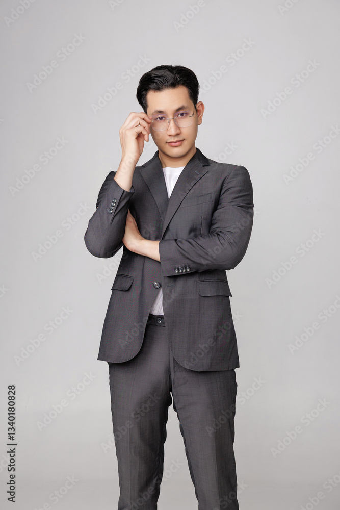 Asian handsome business man in casual gray suit wearing glasses is standing with thinking gesture on isolated studio lighting. Young office worker men. Asian handsome business man in casual gray suit wearing glasses is standing with thinking gesture on isolated studio lighting. Young office worker men.