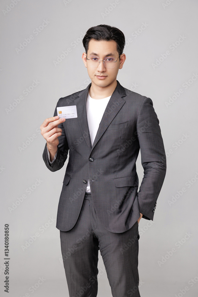 Asian handsome businessman in casual gray suit wearing glasses is standing with credit card on isolated studio lighting. Young customer men. Asian handsome businessman in casual gray suit wearing glasses is standing with credit card on isolated studio lighting. Young customer men.