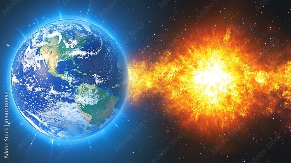 A digital image showing a planet and an explosion in space A digital image showing a planet and an explosion in space