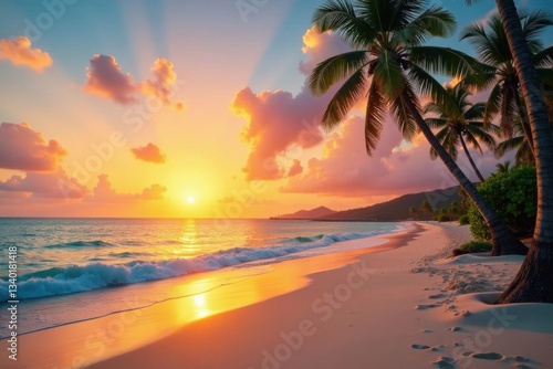 Sandy beach at sunset with palm trees in the background, sunset, palm trees