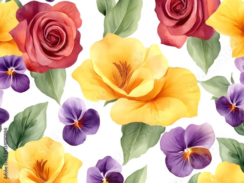 Wallpaper Mural Watercolor Floral Seamless Pattern  Roses  Pansies  Yellow Flowers Torontodigital.ca