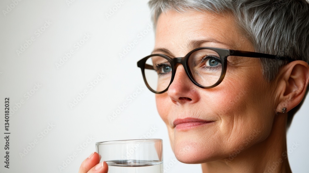 Close-up portrait of a person with short gray hair, blue eyes, and round glasses holding a glass of water Close-up portrait of a person with short gray hair, blue eyes, and round glasses holding a glass of water