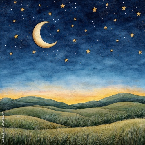 Watercolor Landscape Painting of Rolling Hills at Sunset Under a Starry Night Sky