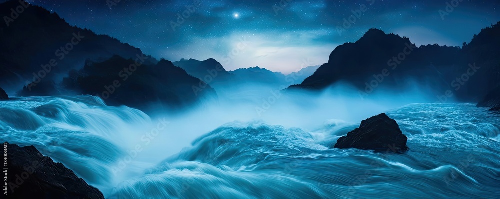 Fototapeta premium River rapids landscapes twilight concept. Mystical blue waters flowing among rocky mountains under a dramatic, cloud-filled sky.